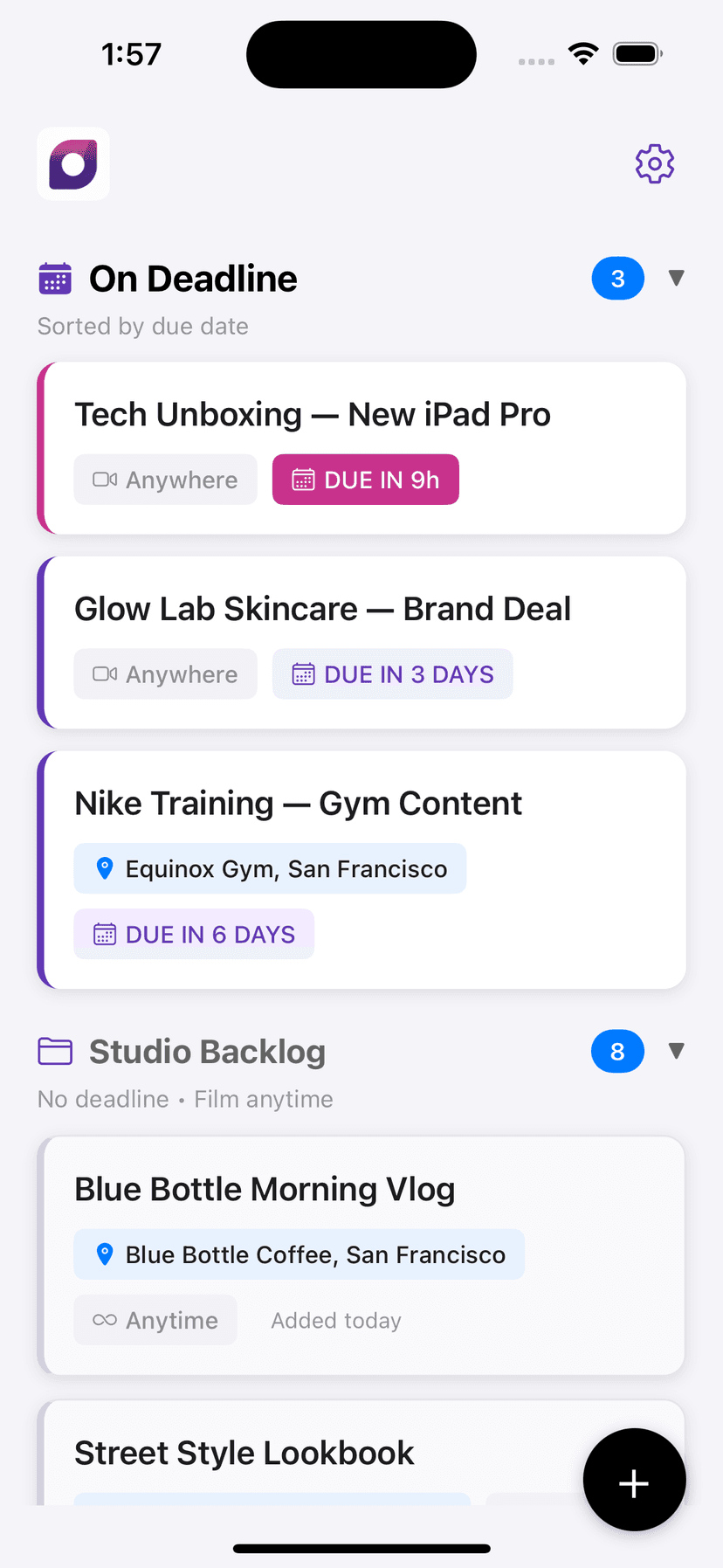 SimplistUGC app dashboard showing deadline-sorted shoots